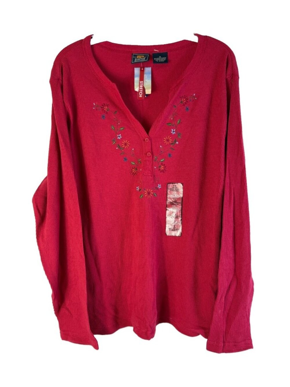 Deadstock Vintage 90s Thermal Shirt Floral Embroidered Waffle Grunge